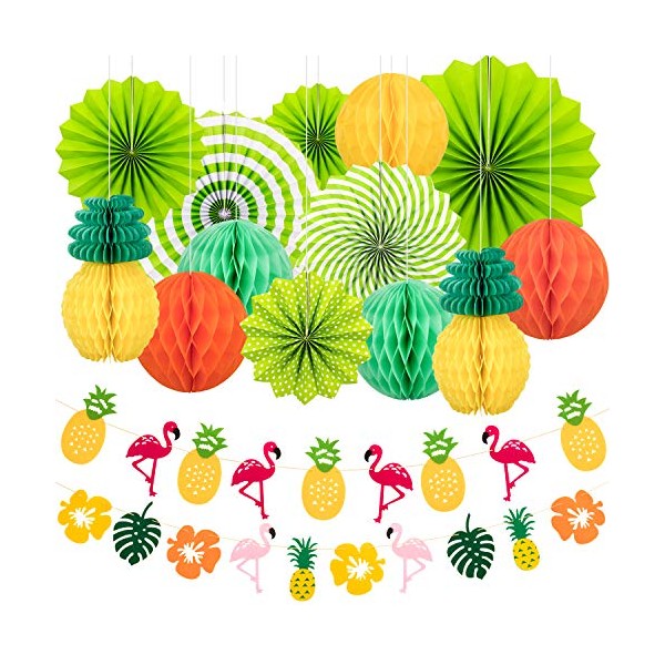Whaline Summer Party Decoration Set Hanging Paper Fans Pineapple and Flamingo Flower Garland Banner for Hawaiian Luau Beach Birthday Wedding Photo Backdrop