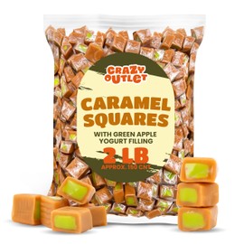 Caramel Cubes Candy - 2 Pound Bulk Pack (About 150 Count) - Green Apple Filling - Individually Wrapped