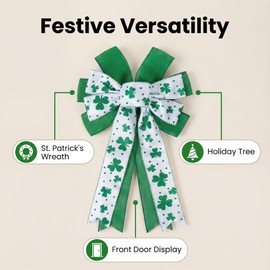 St. Patrick's Day Bows for Wreaths - Large White and Green Shamrock Bows, Festive Irish Holiday Wreath Decorations, Tree Topper, Door Hanger, Saint Patrick's Day Party & Home Decor (Green White)