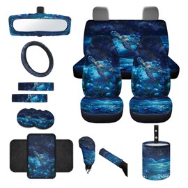 Finagallathe Sea Turtle Print Car Seat Cover Sets Full Set Flower Print High Back Seat Covers with Steering Wheel Cover Armrest Cushion Safety Belt Pads Trash Can for Truck Sedan SUV, Blue
