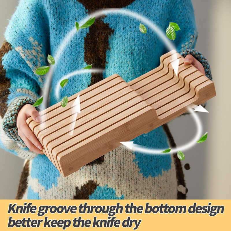 Bamboo Knife Block and In-Drawer Storage, Display Stand and Organizer,