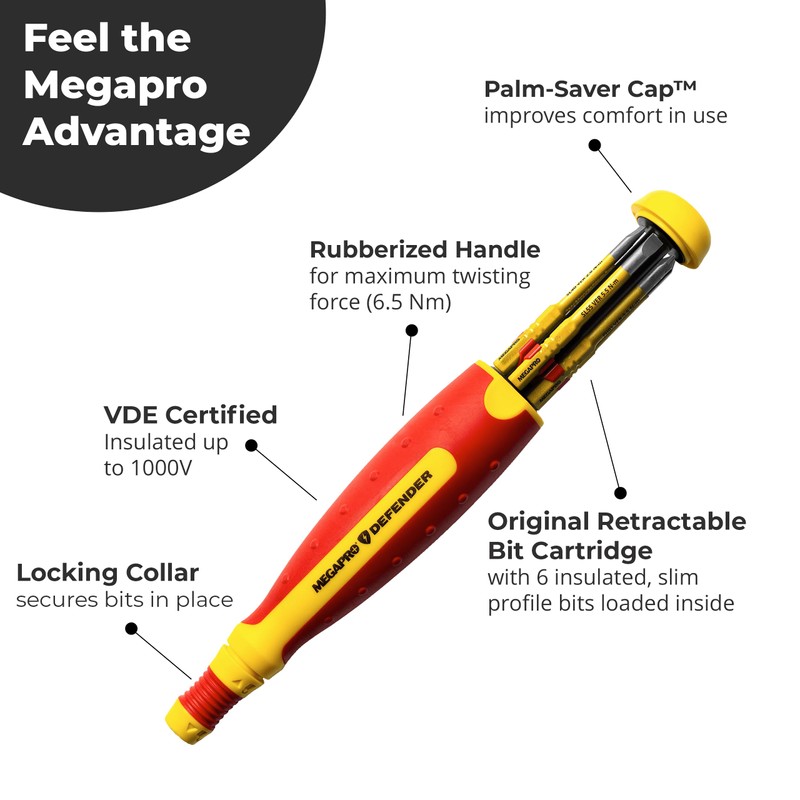 MEGAPRO® 6-in-1 Insulated Multi-bit Screwdriver | VDE Certified | 1000V