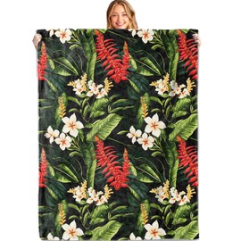 MIEPOS Tropical Floral Throw Blanket,50x60in,Soft,Lightweight Flannel,Lush Green Leaves and Exotic Flowers Blankets - Gifts for Kids Girls Women,for Couch Office Travel,Home Living Room Decor