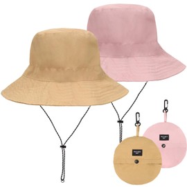 Sahunfri Pack of 2 Bucket Hat, Packable Bucket Hat with String Wide Brim Bucket Hats for Women Men Camping, Rose + khaki, Unit size