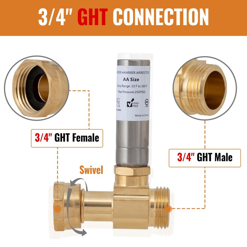3/4 Inch Washer Water Hammer Arrestor, 3/4" GHT Male x