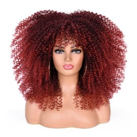 ISAMY Parrucca lunga e riccia per donne di colore, con frangia, in fibra sintetica, senza colla, capelli lunghi afro crespi ricci (T1B/39A)