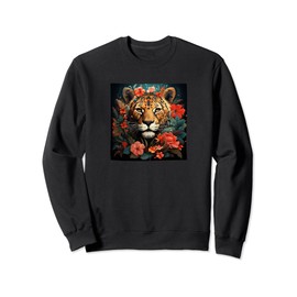 Leopard With Flowers Around Boho Style Graphic Sweatshirt