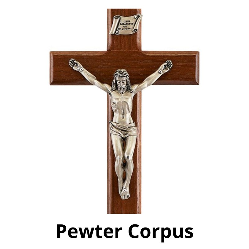 Walnut Wood Shroud of Turin Crucifix with Pewter Christ Corpus,