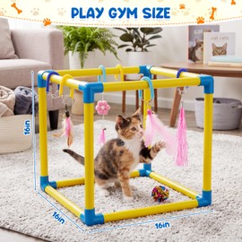 Hoteam Cat Play Gym with 6 Hanging Interactive Toys & 4 Cat Toys Hammock Cats Activity Center for Kittens with PVC Removable Frame with Colored Rope, Cats Enrichment Toy for Bored Indoor Adult Home