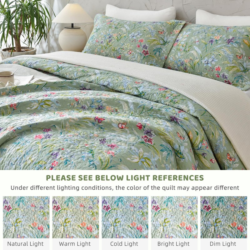 Sanracie Oversized King Bedspread(128"x120"),100% Cotton Green Floral Quilt Set 3Pcs