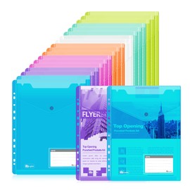 Agoer Pack of 20 A4 Document Wallets Filing, 7 Colours Document Folder A4 for Filing with Press Stud, Transparent Document Sleeves with 11 Hole Edge and Label Pocket for Folders Folder System