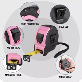 WORKPRO 25FT Pink Tape Measure 1/8 Fractions Easy Read Measuring Tape Belt Clip