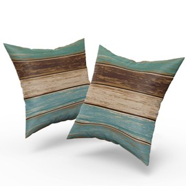 Zwifitt Farm Wood Cushion Covers Set of 2 18x18 Inch, Soft Cotton Retro Barn Teal Green Brown Throw Pillow Cases Plank Wooden Stripe Farmhouse Home Decor Gift for Outdoor Car Cabin Bedroom Couch Sofa