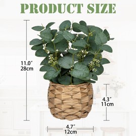DILATATA Artificial Eucalyptus Stems in Woven Basket Planter, 11" Fake Plant Eucalyptus Leaves with White Seeds Faux Potted Plant Greenery for Table Centerpiece Office Indoor Home Decor