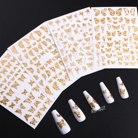 Gold Butterfly Nail Art Stickers 4 Sheets 3D Self Adhesive Butterfly Nail Decals Laser Gold Butterflies Nail Stickers Luxury Holographic Half of Butterfly Design for Women Nails Manicure Decorations