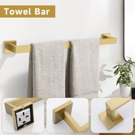 10 Pieces Bathroom Hardware Accessories Set Brushed Gold Towel Bar Set Towel Holder Racks Set for Bathroom,SUS304 Stainless Steel,Wall Mounted 23.6-Inch
