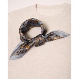 MayTree Silk Scarf, Colourful Neckerchief for Women, 100% Mulberry Silk, Square, Flowers, Denim Blue, 53 x 53 cm, denim blue