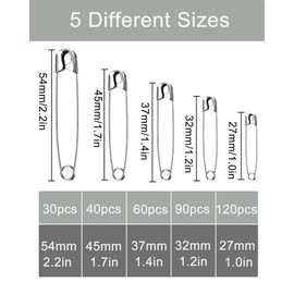 Pack of 340 Safety Pins, 5 Sizes Safety Pins Set 27 mm - 54 mm Metal Safety Pin Silver for Clothing Crafts Sewing