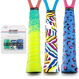 GET A GRIP - Custom Tennis Racket Grip Tape - Anti-Slip/Quick-Drying Tennis Overgrips - Precut Badminton Racket Grip with Finishing Tape - Squash Racket Grip Tapes (Find Your Flair Pack, 3 Grips)