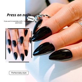 Black Press on Nails Solid Color Short Almond Acrylic Fake Nails Glossy Black Full Cover Glue on Nails Reusable Artificial Stick on Nails for Women and Girls 30 Pcs