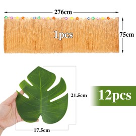 Hawaii Party Table Skirts 276 x 75 cm Grass Table Skirt and 12 Pieces Artificial Palm Leaves Table Ornaments Hawaiian Table Decoration for Beach Party Tropical Summer Party Luao Party Pool Party Aloha