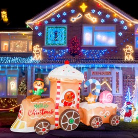 Christmas Inflatables Outdoor Decoration 8 FT Long Gingerbread Man on The Train with LED Lights Christmas Blow Up for Lawn Garden Holiday Party Yard Xmas Decor
