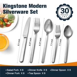 KINGSTONE Forged 30-Piece Silverware Set, Matte Flatware Set for 6, 18/10 Stainless Steel Silverware Utensils Set Dishwasher Safe (Matte Silver)