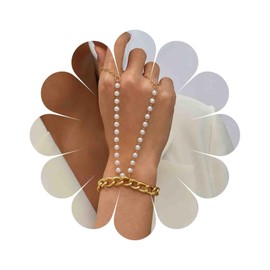 Yheakne Boho Layered Pearl Finger Bracelet Gold Slave Bracelet Vintage Finger Chain Bracelet Summer Ring Bracelet Pearl Wedding Bracelet Hand Chain Jewelry for Women Gifts