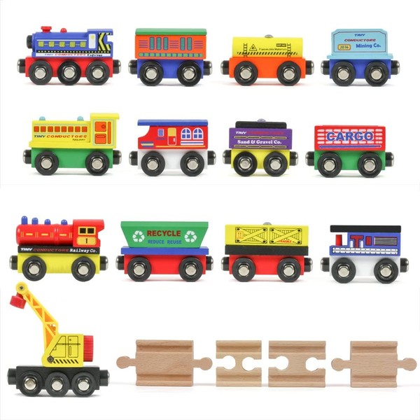 Tiny Conductors 12 Wooden Train Cars, 1 Bonus Crane, 4 Bonus Connectors, Locomotive Tank Engines and Wagons for Toy Train Tracks, Compatible with Thomas Wood Toy Railroad Set (Trains)