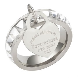 JINHUI Eternity Band Ring for Women, Forever Love Promise Ring, Cubic Zirconia Wedding Band Engagement Ring with Dangling Heart Charm (Silver, 6)