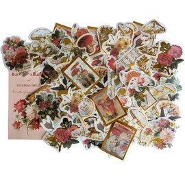 Vintage Washi Sticker Set Floral Rose Flower Mushroom Gold Foil Stickers for Planner Journal Laptop DIY Craft Scrapbooking Calendar Gift Warpping Envelope Sealing DIY Art Craft Letter Envelope
