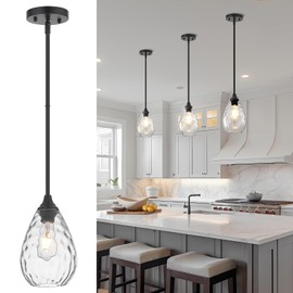 SADUENFR Glass Pendant Lights Kitchen Island, 1-Light Modern Black Pendant Light Fixtures with Hammered Glass and Rods, Small Hanging Light for Kitchen Sink Dining Room Bathroom
