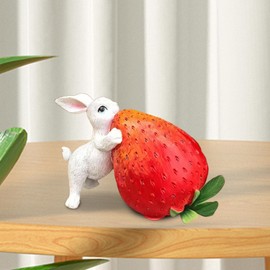 Generic Strawberry Rabbit Figurine Resin Animal Figurine Art Craft Housewarmings Gift Backyard Decoration for Indoor Outdoor Tabletop, White