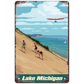 Vintage Travel Poster Tin Sign,Lake Michigan Travel Poster For Outdoor & Indoor Porch Wall Hanging Decoration Size:8x12