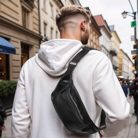 SUIKIHUM Soft Leather Belt Bag for Women & Men - Crossbody Waist Pack with Adjustable Strap, Sturdy Zippers, for Travel, Hiking, Running, Black