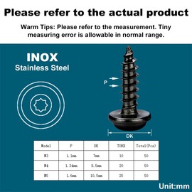 Drenky Flat Head Wood Screws Torx M3 x 16 mm, Pack of 50 Tapping Screws Stainless Steel Flat Head with Washer Black Stainless Steel A2 V2A Self-Tapping Screws Full Thread