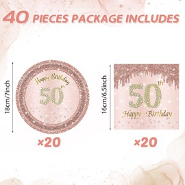 Juhap 50th Birthday Decorations for Women, Rose Gold Fifty Year Old Party Supplies Include 20 Plates 20 Napkins, Pink 50 Aged Birthday Party Tableware