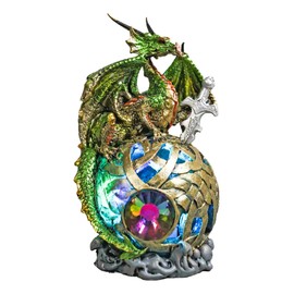 Ebros Gift Elemental Medieval Metallic Green and Gold Dragon with Silver Sword Perching On Color Changing LED Gyrosphere Orb Night Light Figurine