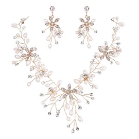 BriLove Women's Bohemian Boho Crystal Teardrop Freshwater Cultured Pearl Handmade Filigree Flower Statement Necklace Dangle Earrings Set Clear Gold Tone