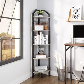 YMYNY 5-Tier Corner Shelf, Freestanding Corner Bookcase with 6 Wooden Clips and 6 S-Hooks, Multi Display Shelf Rack for Living Room, Bathroom, Bedroom, Small Space, Silver Gray, 69" H, UHBR006Y