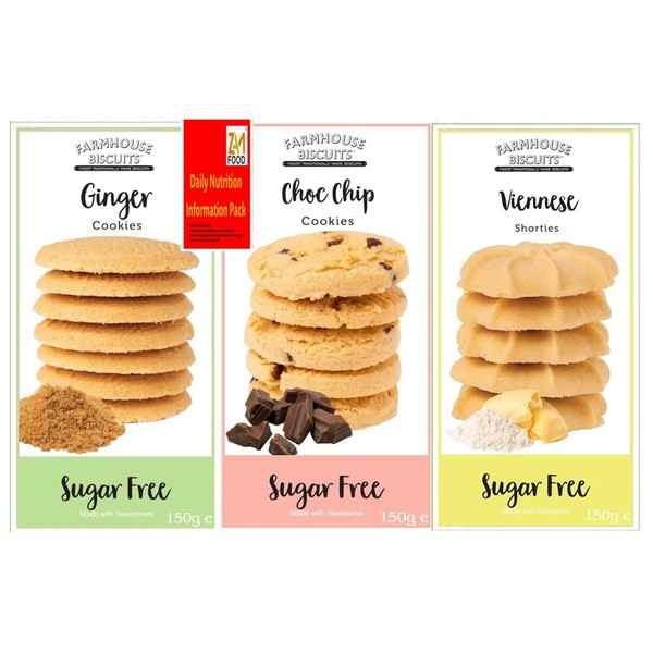 Farmhouse Sugar Free Biscuits For Diabetics Multipack Selection Vareity Box with zamfoods nutrition pack I Pack of 3 I - Viennese Shorties, Ginger & Choc Chip Cookies