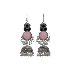 Stylish Silver Oxidized hoop Ethnic Indian Fashion Boho Jhumka Dangle Earrings Jewellery (PINK BLACK)