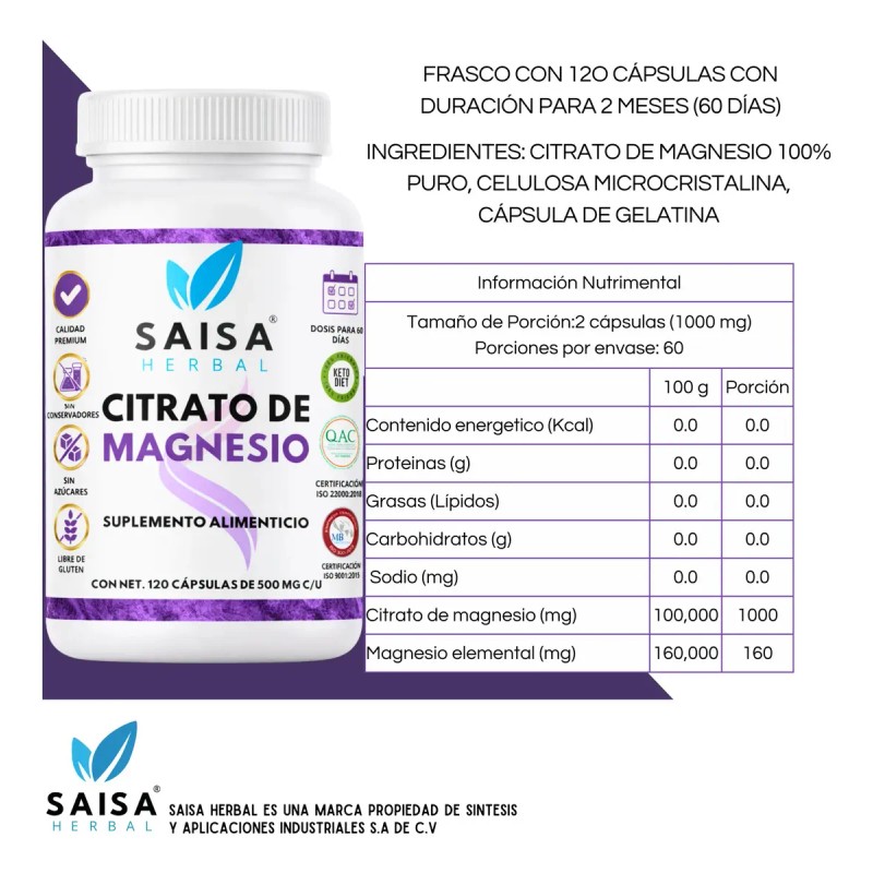 Citrato Magnesio 120 Cápsulas 500 Suplemento Alimenticio Alta Biodisponibilidad Saisa