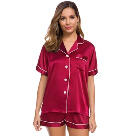SWOMOG Womens Silk Satin Pajamas Set Two-Piece Pj Sets Sleepwear Loungewear Button-Down Pj Sets Scarlet Red