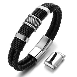 HALUKAKAH Kids ● Solo Junior ● Boy's 6-12 Y/O. Black Genuine Leather Titanium Honor Gold Beads Bracelet Golden Magnetic Clasp Size Adjustable 18-19.5cm with Free GIftbox (Solo Silver 18-19.5cm)