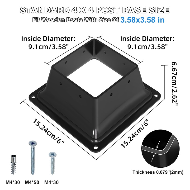 4x4 Post Base 2Pcs-Inner Size 3.6x3.6-Heavy Duty Metal Post Brackets-Deck