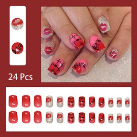24 Pcs Valentines Press on Nails Short Square Red Lips Fake Nails with Glitter Designs Pink Red Gradient False Nails Love Artificial Nails Glue on Nails Valentine's Day Acrylic Nails for Women Girl