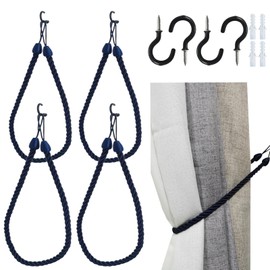 SLIFEOW Rope Curtain Tiebacks, Curtain Tie Backs for Curtains Holdbacks with 4 Metal Screw Hooks, No Drilling or Wall Mount 2 Ways for Indoor and Outdoor Curtain Drape Tieback (4, Navy)