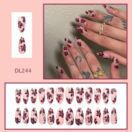 24pcs Flower Press on Nails Medium Black Red Floral Almond Shape Fake Nails With Glue Summer Creamy White False Nails Full Coverage Acrylic Press on Fingernails for Women Spring Summer Manicure