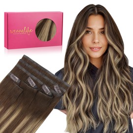 WENNALIFE Invisi Edge & Classic Seamless Clip in Hair Extensions Real Human Hair, 18 Inch 130 7pcs Balayage Chocolate Brown to Caramel Blonde Hair Extensions for Women Invisible Straight Injection